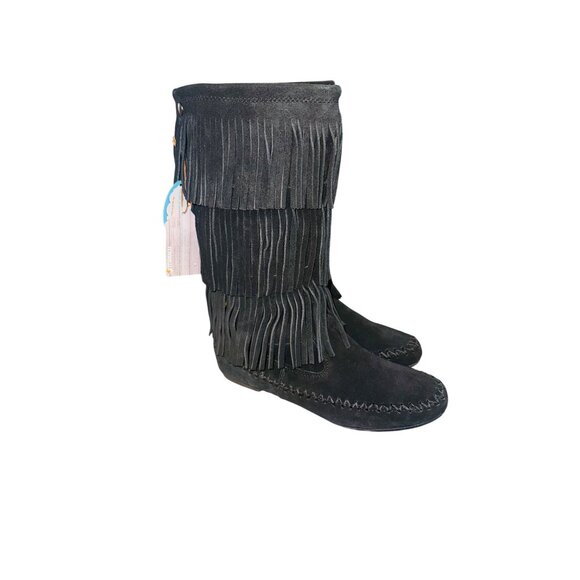 NWT Three Layer Suede Fringe Black Makalu Moccasin Indian Boots Comfort Women 7 - Picture 4 of 13